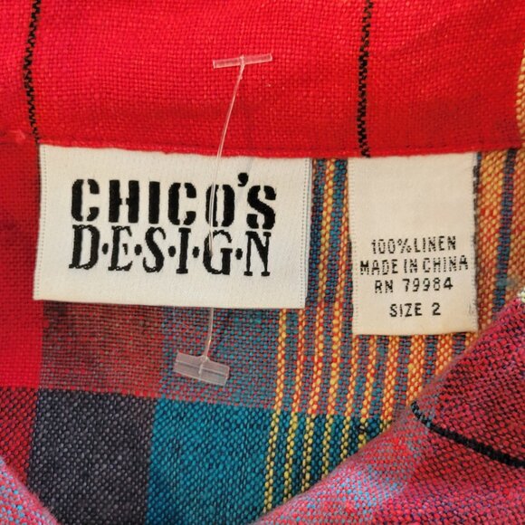 Chico's 100% Linen Red Plaid Long Over-sized Button Front Shirt Size L NWOT NEW - Picture 8 of 9